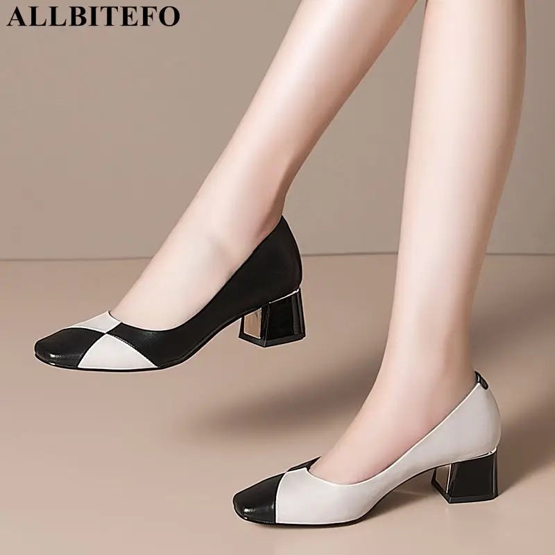 ALLBITEFO Size 34-43 Soft Genuine Leather Thick Heel High Heel Shoes Office Ladies Brand High Heels Party Women Heels Shoes
