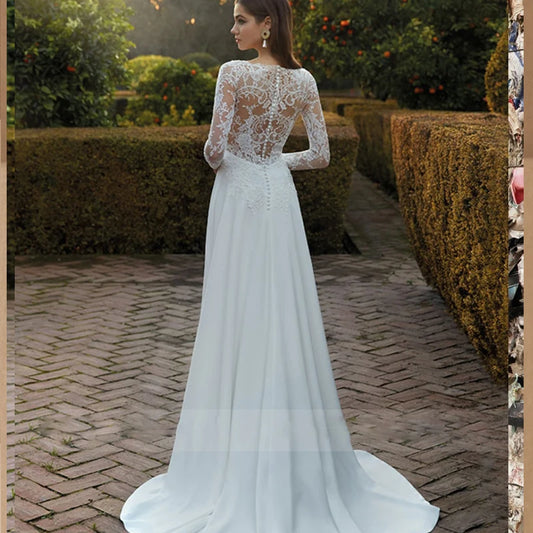 Elegant A Line Wedding Dresses Beach Long Sleeve V Neck Long Sleeve