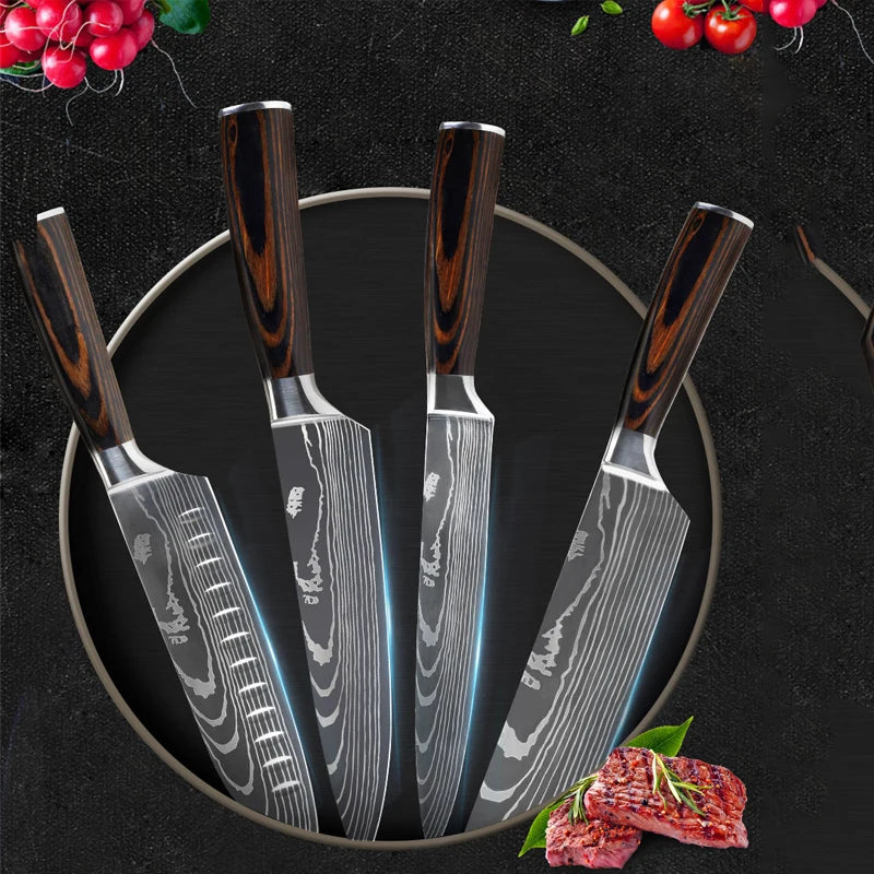 Kitchen Knife Set Laser Damascus Pattern Stainless Steel  Sharp Cleaver