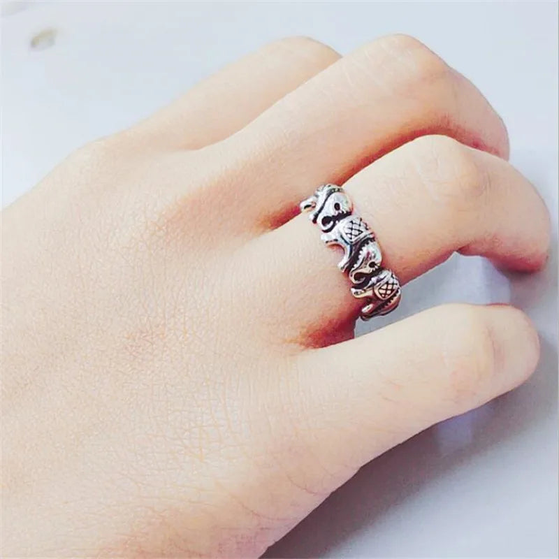 New Minimalist Retro Thai Silver Animal 925 Sterling Silver Jewelry Personality Elephant Group Exquisite Opening Rings  R202