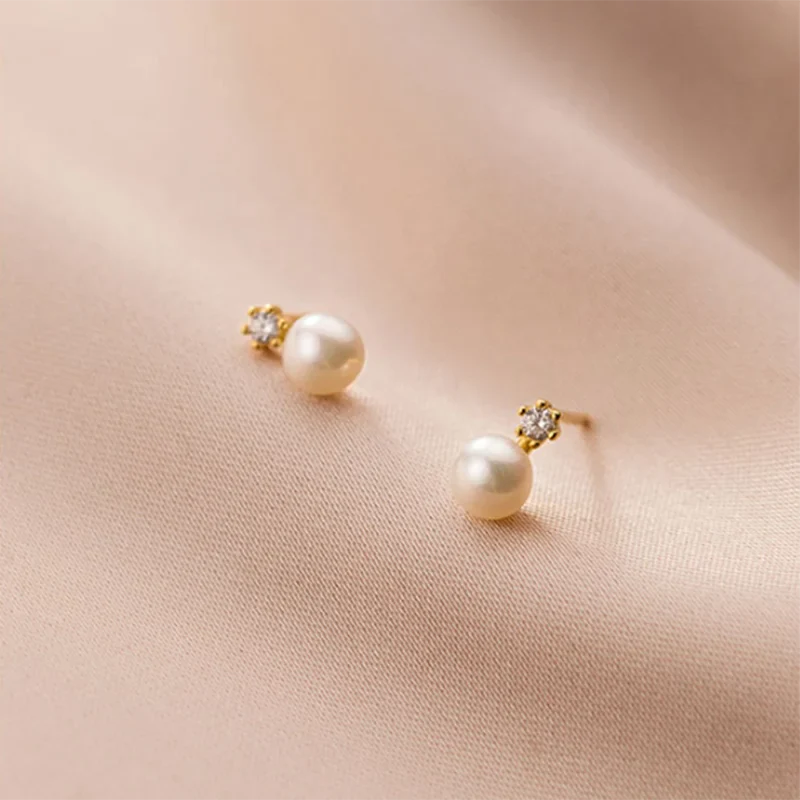 WANTME Genuine 925 Sterling Silver Geometric Zircon Pearl Mini Small Stud Earrings for Women Chic Charming Korean Jewelry 2021