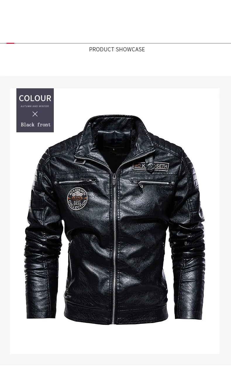 Leather Jacket Men Winter Fleece Motorcycle PU Leather Jacket Mens Stand Collar