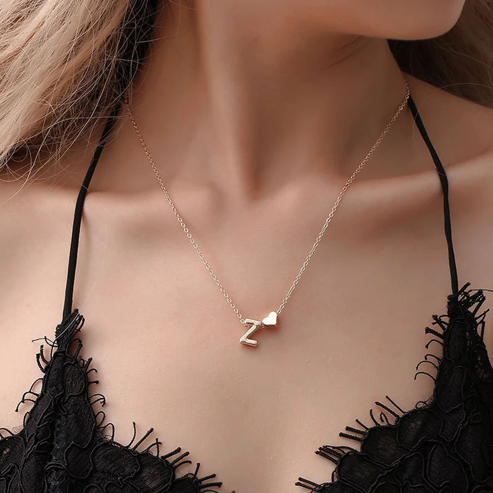 Tiny Heart Dainty Initial Necklace Gold Silver Color Letter Name Choker  For Women