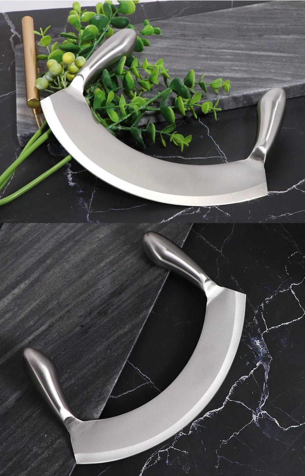 8.5 Inch Stainless Steel Mezzaluna Knife Pizza Cutter Fruit Vegetable Salad Chopper