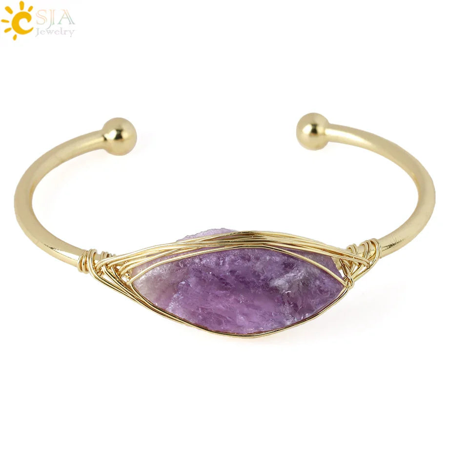 CSJA Gem Stone Open Cuffs Bracelets Crystals Natural Stones Bangles Gold Color Wire Wrap Bracelet for Friend Bijoux Femme G866