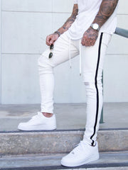 Men's Ripped Pencil Pants Men Skinny Denim Biker Side Striped Jeans