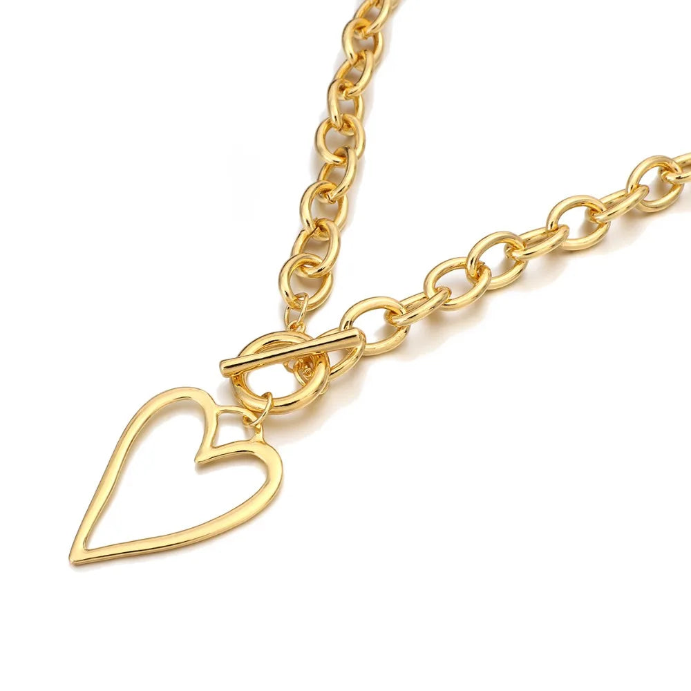 Punk Gold Color Bih Hollow Heart Pendant Necklace for Women Imitation Metal