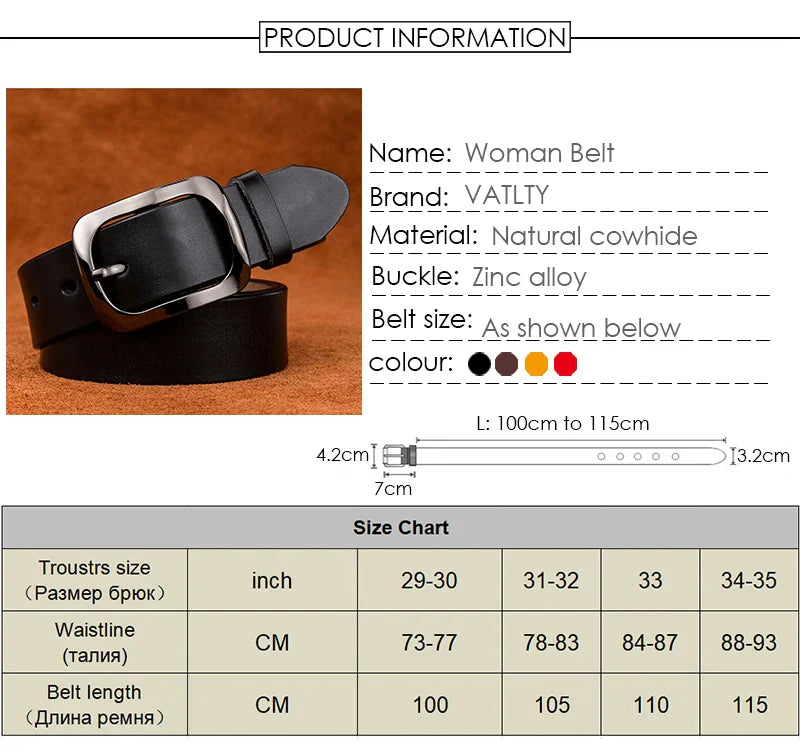 VATLTY 3.2cm Genuine Leather Belt for Women Natural Cowhide Metal Buckle Casual Jeans Trousers Belt Female Waistband Gifts