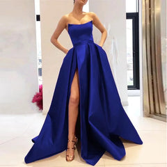 Burgundy Prom Dresses with Pockets Side Slit Strapless Satin Elegant Long Evening Dress