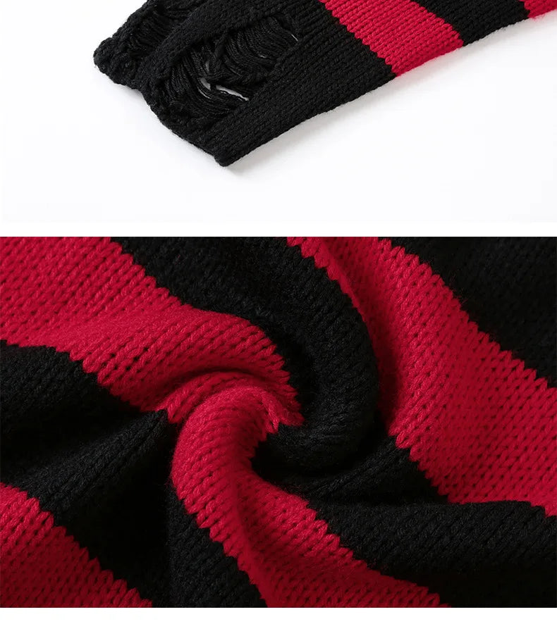 Black Stripe Sweaters Destroyed Ripped Sweater Men Pullover Hole Knit Jumpers Men