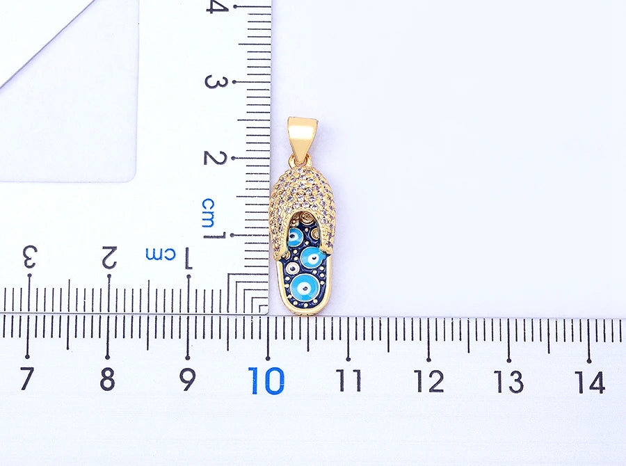 Pave CZ Rhinestone Enamel Slipper Pendant For Women Blue Evil Eye Necklace