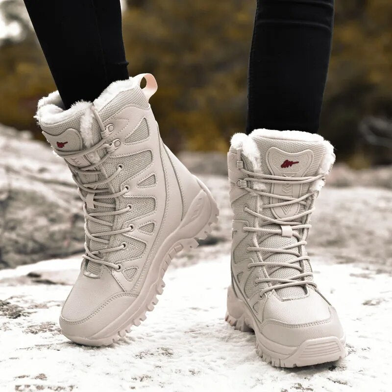Leather Women Boots Plush Warm Snow Boots Lace Up Waterproof Women Ankle Boots