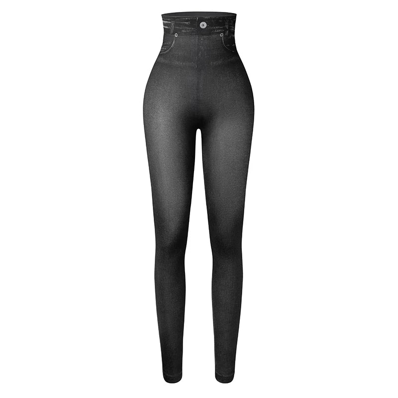 Push Up Seamless High Waist Faux Denim Leggings Women Casual Elastic Pocket Jeans