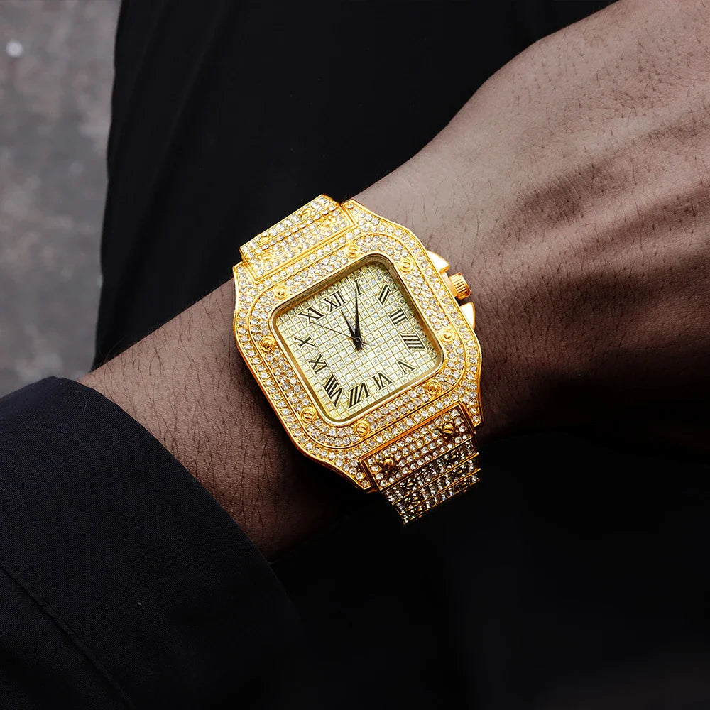 Luxury Moissanite Iced Out Watches Hip Hop Bust Down Unisex Diamond Watch, Stainless Steel Moissanite Studded Wrist Watch