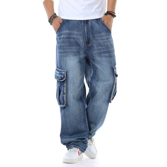 Large Size 46 Loose Jeans Men Denim Pants Straight Pocket Baggy Casual Streetwear