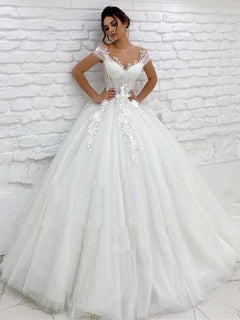Ivory Wedding Dress Tulle V-neck A-line Long