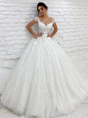 Ivory Wedding Dress Tulle V-neck A-line Long