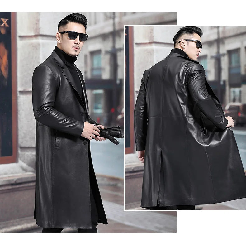 Long Black Mens Leather Blazer Jacket Long Sleeve Lapel Plus Size Faux Leather Coat