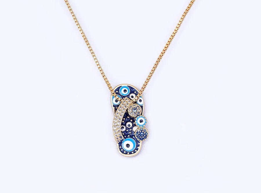 Pave CZ Rhinestone Enamel Slipper Pendant For Women Blue Evil Eye Necklace