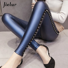 PU Leather leggings Women Winter Fleece Matte Chic Rivets Push Up Pencil