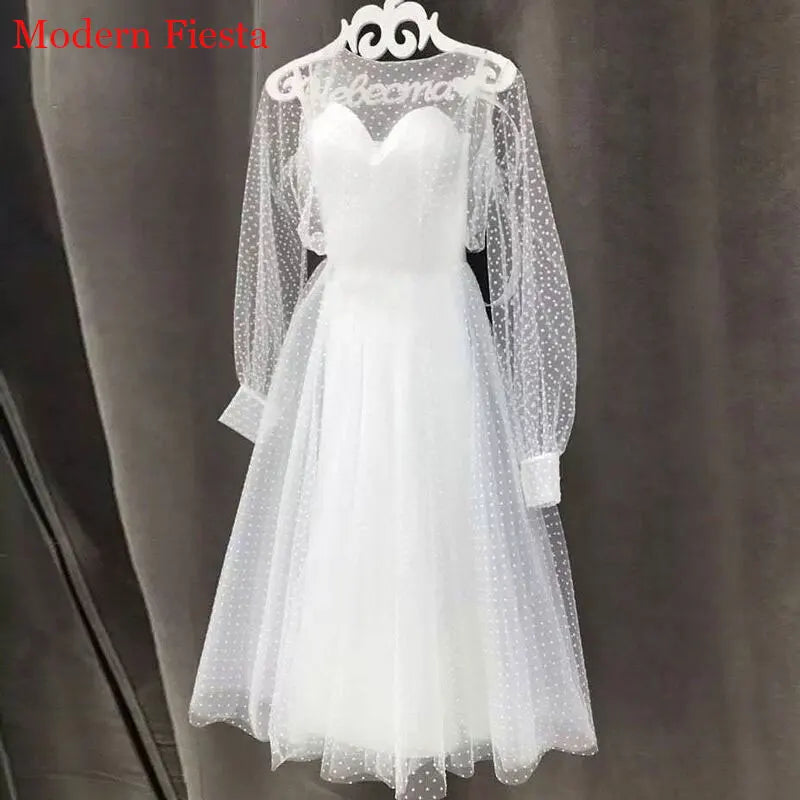 White Bridesmaid Dresses: Lace Point Long Sleeves Communion Dresses Evening Dress