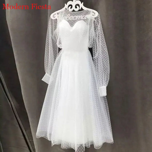 White Bridesmaid Dresses: Lace Point Long Sleeves Communion Dresses Evening Dress