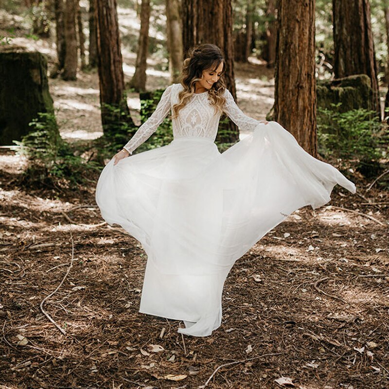 Outdoor Wedding Dress Backless Buttons Up Soft Beach Woodlands Long Sleeves