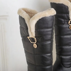 Women Winter Warm Knee High Boots Fashion Platform Height Increasing Women Snow Boots Slip on Buckle Ladies Warm Shoes Black