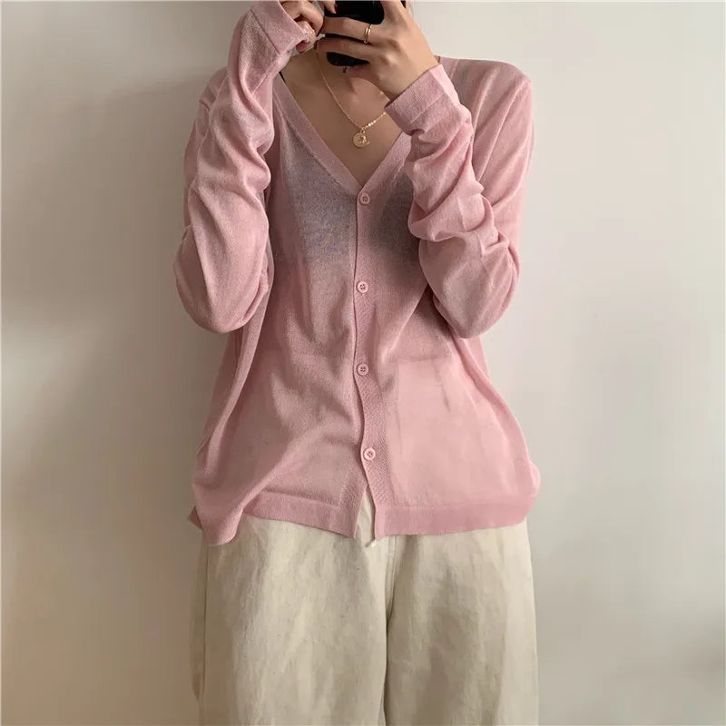 Cardigan Shirt Women Tops Korean Long Sleeve Cardigan Summer Tops V Neck
