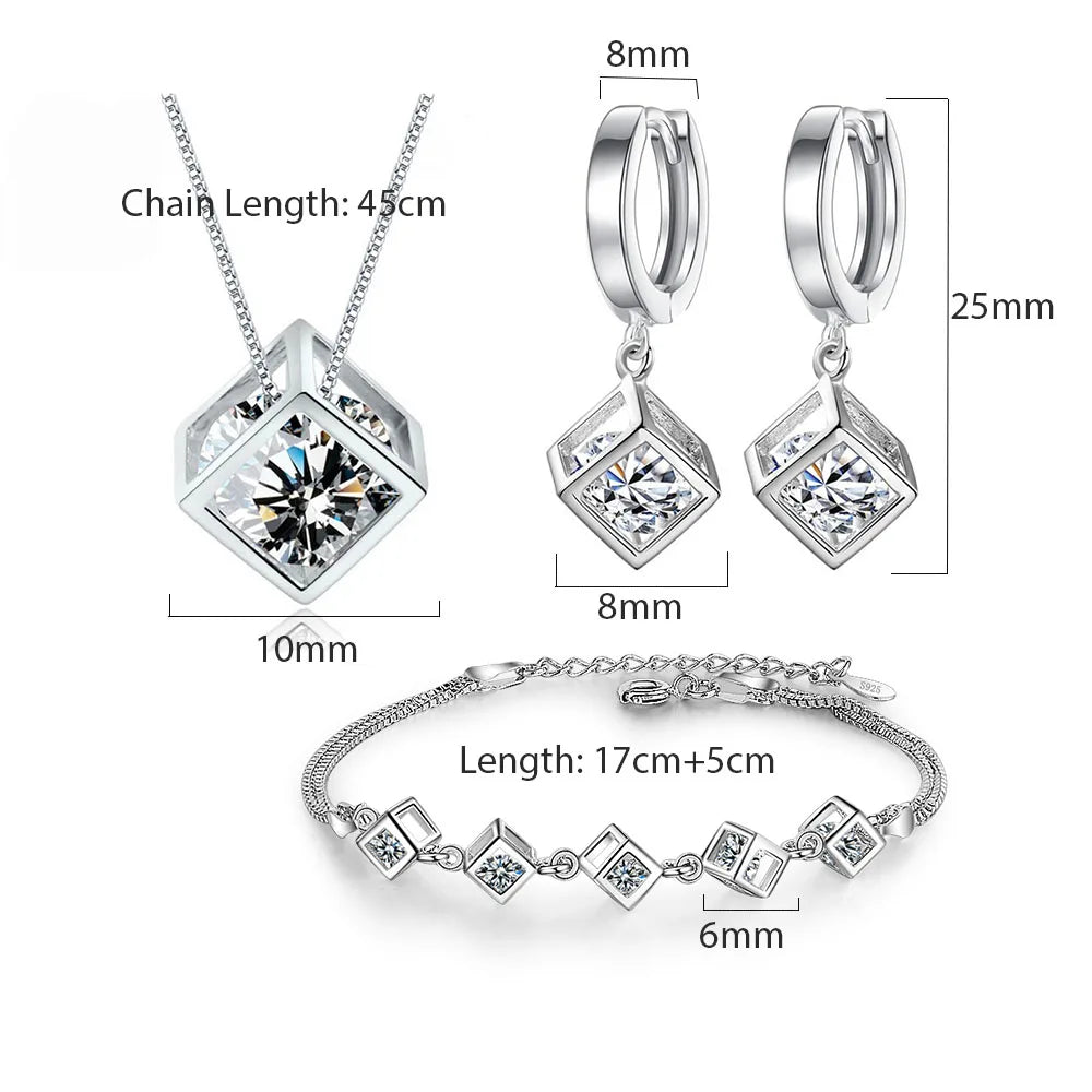ANENJERY Silver Color Luxury Shiny Square Cube Necklace Earrings Bracelet For Women Gift Zircon Anniversary Gift