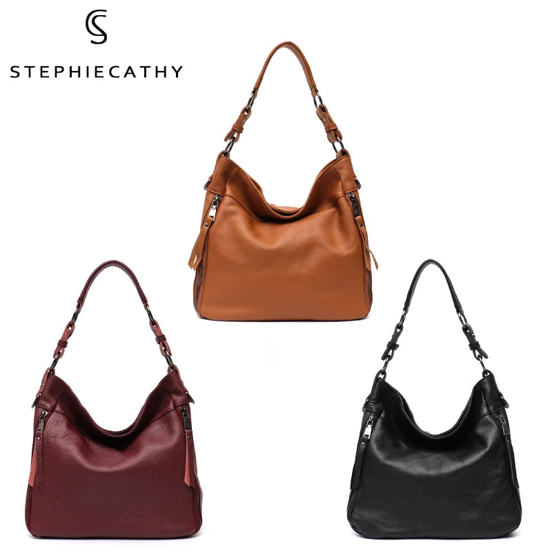 Leather Women Shoulder Bag Lady Cowhide Multi Pockets Casual Soft Hobo