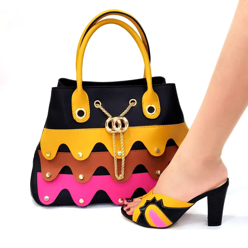 2023 Black Color Comfortable Heels Italian Lady Shoes with Matching Bag for African Women Shoes and Bag Set