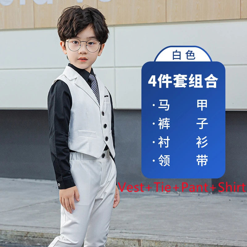 Boy Top Ring Bearer Waistcoat Clothes Set Kids Formal Suits Child Tie Long Sleeve Shirt Vest Trousers Toddler Gentleman Outfits