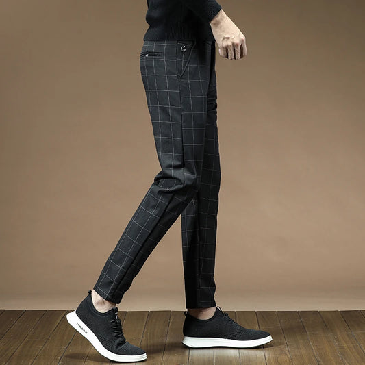 Men's Dress Pants Fashion Plaid Stripe Business Slim Fit Office Classic Retro Suit Pant