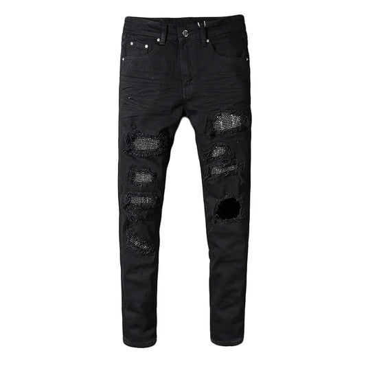 Men's slim skinny crystal rhinestone patchwork ripped jeans Fashion
