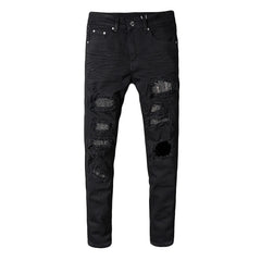 Men's slim skinny crystal rhinestone patchwork ripped jeans Fashion