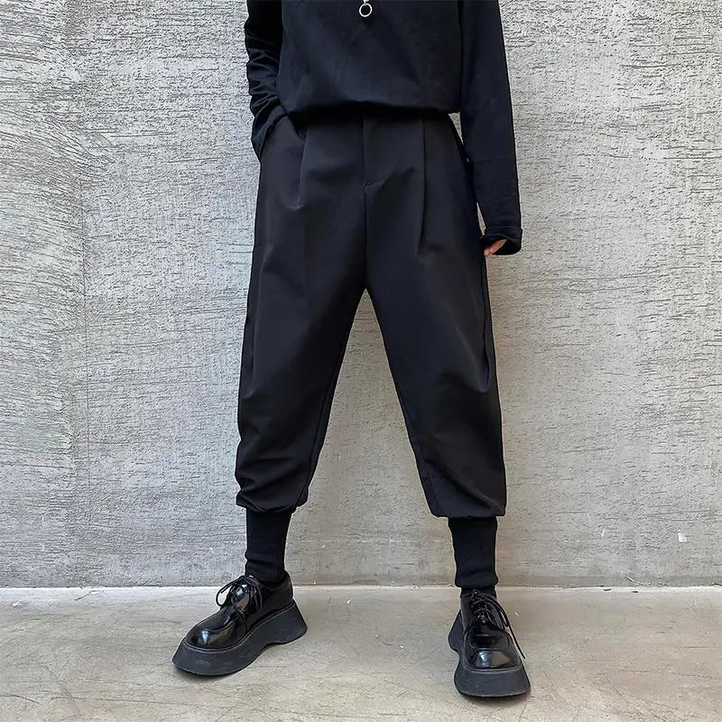 Fashion Men Harem Pants Black Tapered Elastic Waist Trousers Male Cuffed Ankle
