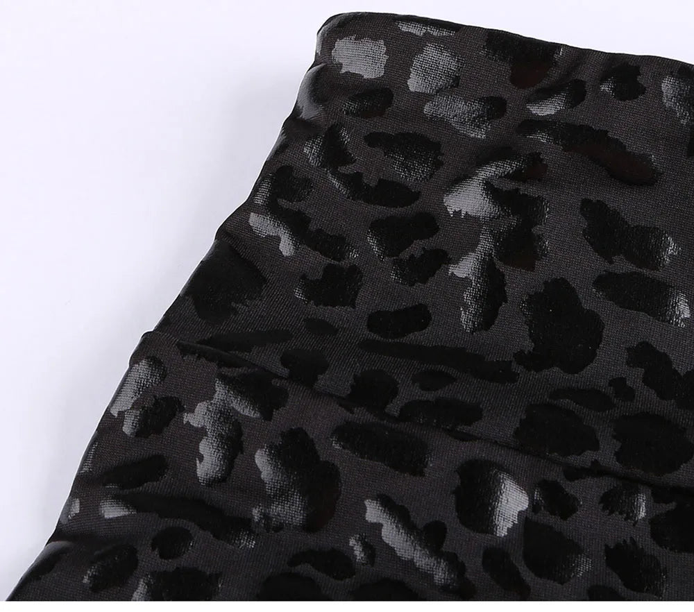 High Waist Leather Leggings for Women Leopard Snake Leather Trouser Black