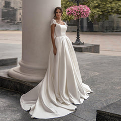 Wedding Dress Cap Sleeve Scoop Neck Flowers Court Train A Line Bridal Gown