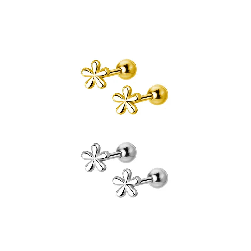 WANTME 925 Sterling Silver Fashion Simple Golden Flower Beads Small Stud Earrings for Women Teen Piercing Jewelry Accessories