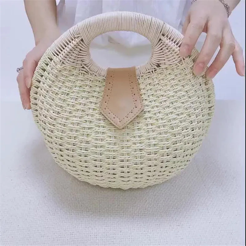 Women's Natural Rattan Handwoven Round Shell Handbag Top-handle Bag