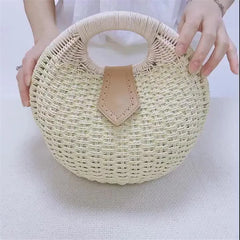 Women's Natural Rattan Handwoven Round Shell Handbag Top-handle Bag