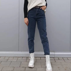 Straight Jeans Women with Belt Vintage Basic Blue Ankle-length Denim Pants