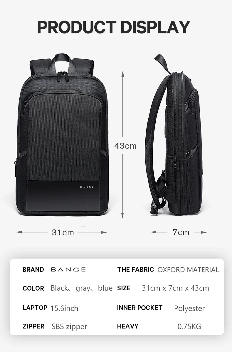 BANGE Slim Men Business Expandable Waterproof 15.6" Laptop Backpack Fashion Male Travel Light Scalable Shoulder Bags for Men