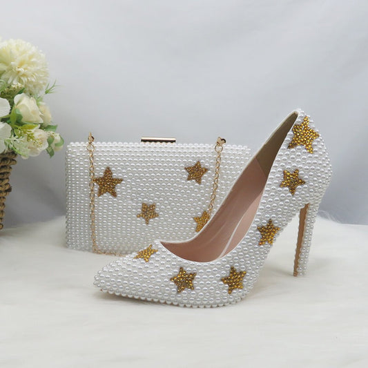 Gold Star Women Wedding Shoes With Matching Bag Bride