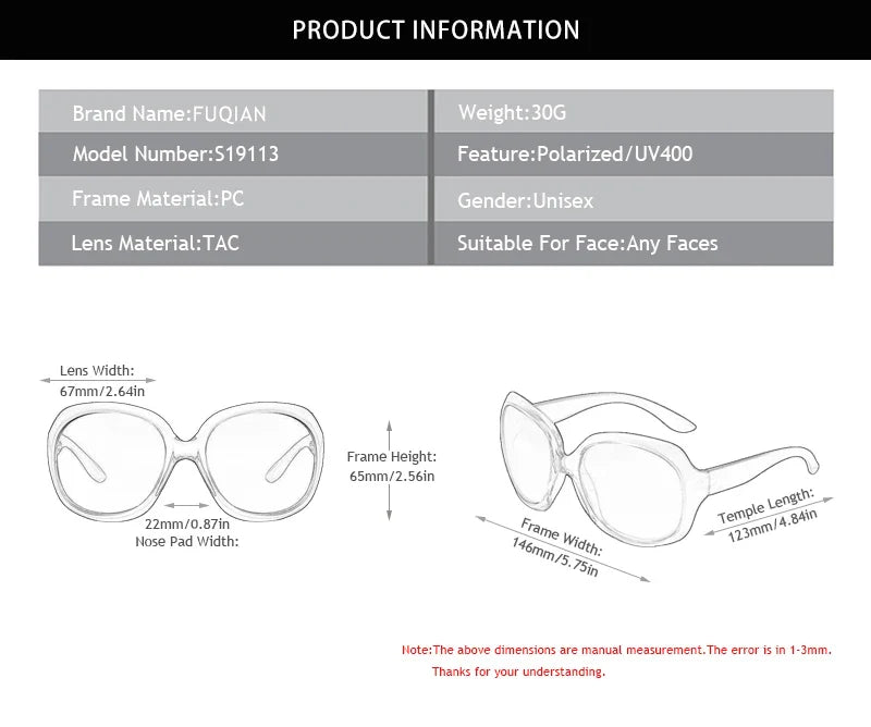 FUQIAN Brand Design Elegant Polarized Oversized Round Sunglasses Women Simple Fashion Big Plastic Ladies Sun Glasses UV400