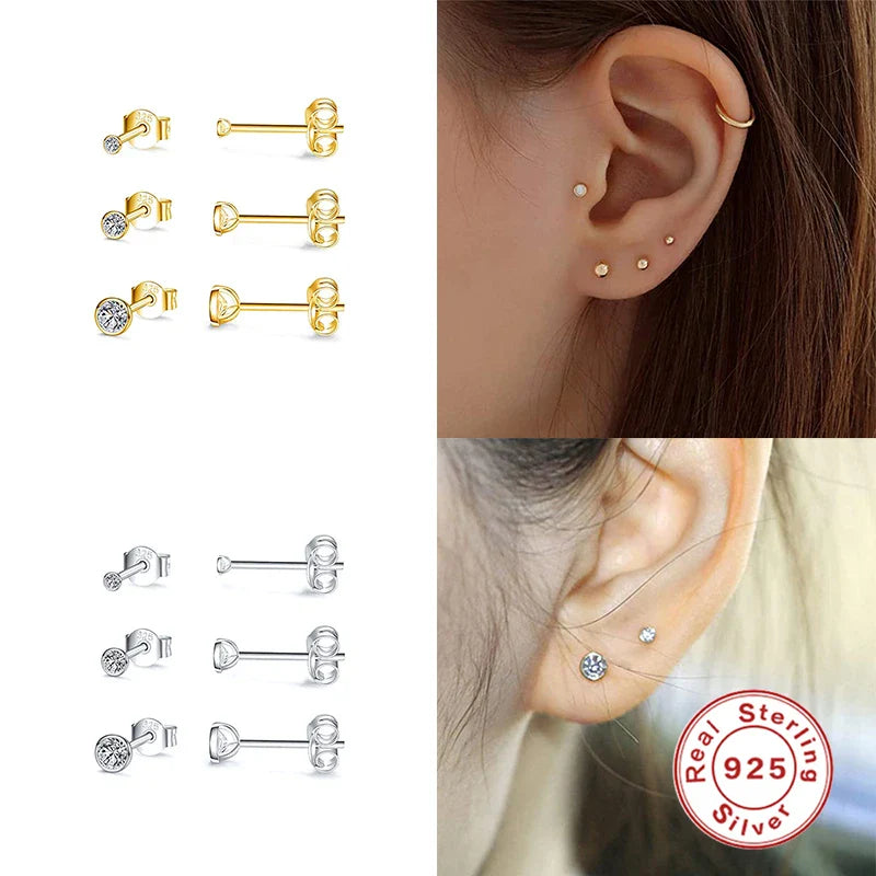 CANNER 3pcs/set Bling Zircon Earring 925 Sterling Silver Cute Mini Heart Star Stud Earrings Ear Bone Earlobe Piercing Jewerly