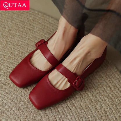 QUTAA 2022 Square Toe Concise Women Pumps Summer Genuine Leather Shallow Mary Janes Ladies Shoes Square Low Heels Size 34-40