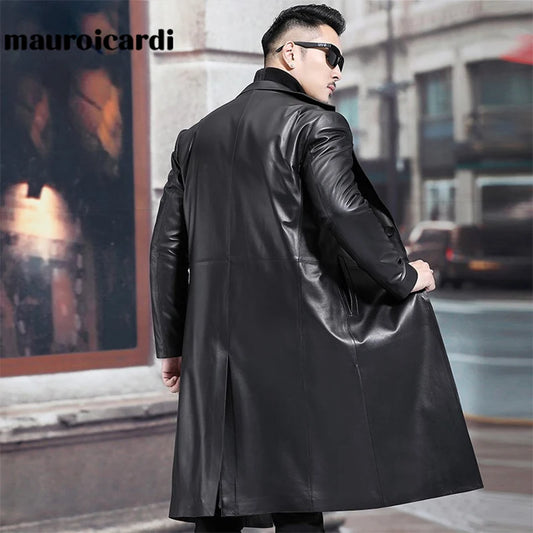 Long Black Mens Leather Blazer Jacket Long Sleeve Lapel Plus Size Faux Leather Coat