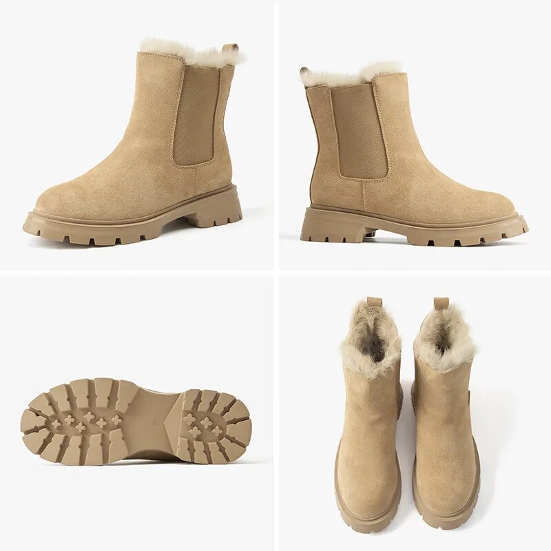BeauToday Snow Chelsea Boots Women Leather latform Fur Boots Round Toe Ladies